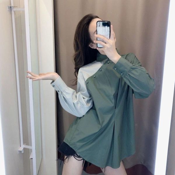 women's blouses & shirts fashion design patchwork button women blouse summer 2021 o-neck long-sleeved loose elegant female pulls, White